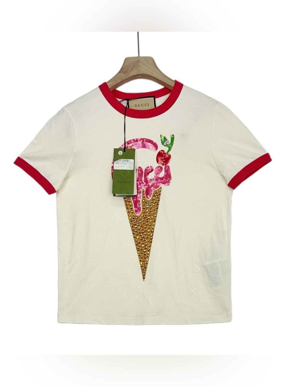 🚩steal Gucci Cream Tee with Pink Sequin Ice Cream Graphic